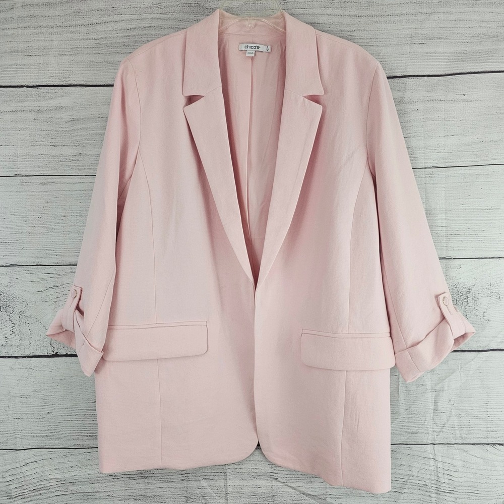 Chico's Size 3 Light Pink Open Front Blazer Jacket 3/4 Sleeves Shoulder Pad 1511